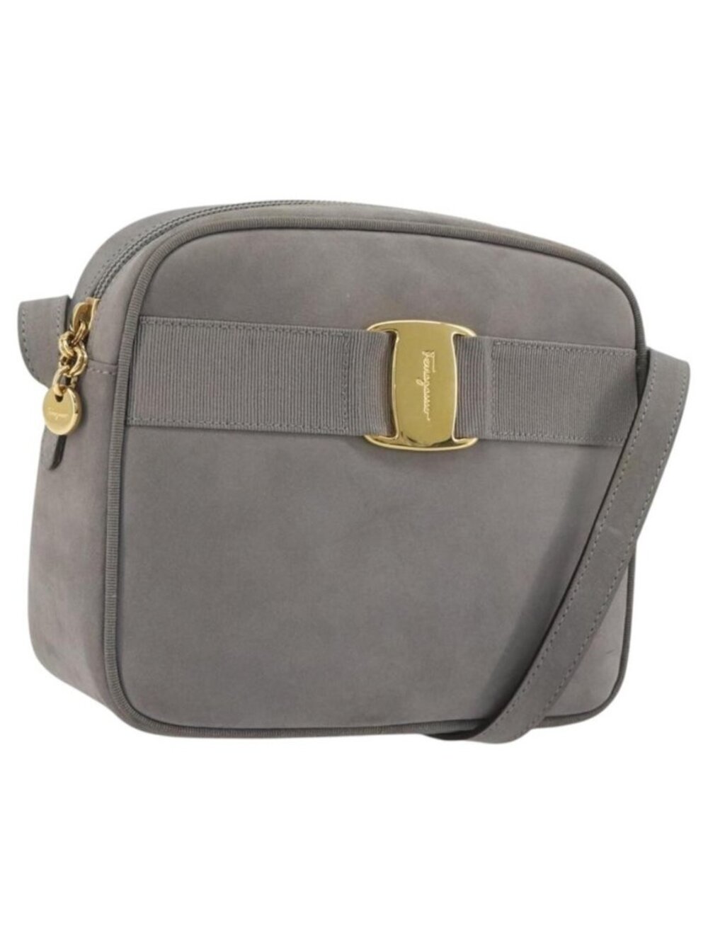 Authentic Salvatore Ferragamo Vala Shoulder Bag Suede Gray Gold Tone